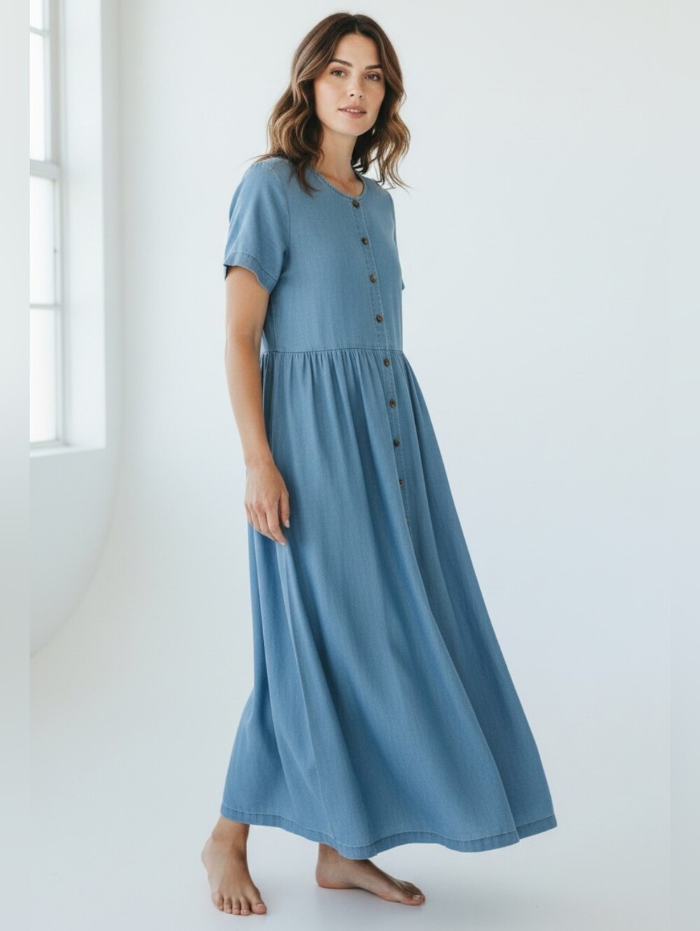 Vintage Blair Denim Midi Dress Relaxed Fit Short Sleeves Blue With Buttons